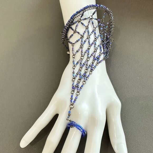 Kundan Hand Chain Slave Ring Bracelet Made In India Blue Bead - New - Picture 2 of 4